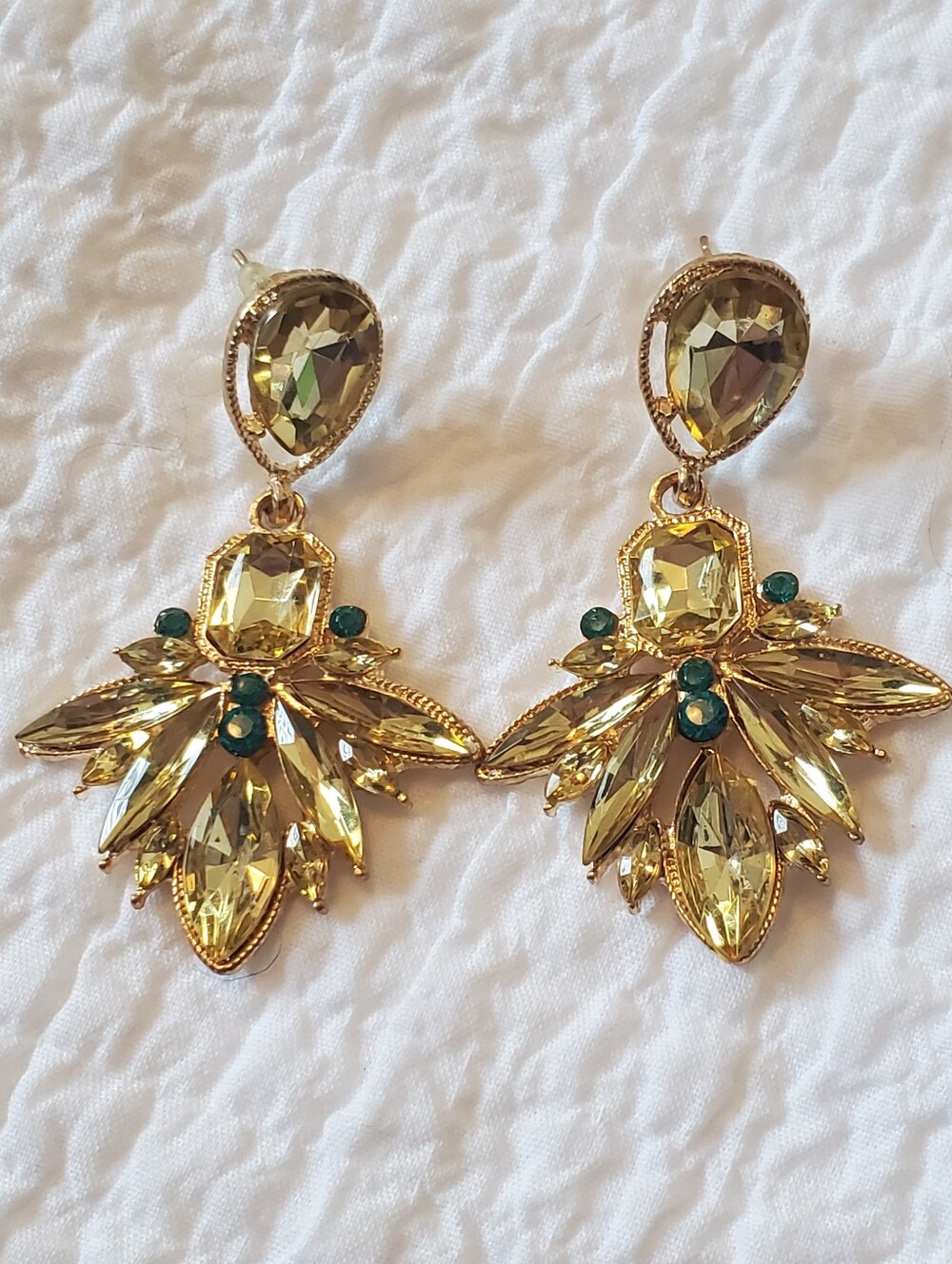 Gold-Tone Yellow Crystal Drop Post Earrings with Emerald Accents